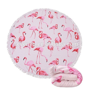 Couverture ronde épaisse de serviette de plage - tapis de yoga de cercle de Roundie de plage de Terry de microfibre avec la frange, solidité de couleur élevée-flamants roses